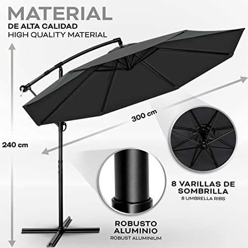 tillvex 300 cm Sombrilla Excentrico | Parasol para Terraza Jardín Balcón Patio | con Manivela y Base en Cruz, Giratorio 360º, Protección UV