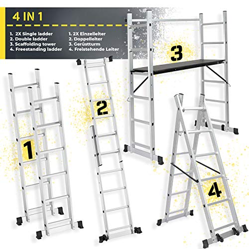 Timbertech® Escalera de Andamio - 4 en 1, Aluminio, Plataforma 150 x 40 cm, Altura Ajustable, Carga Máxima 150 kg, con Ruedas - Andamio, Plataforma de Trabajo