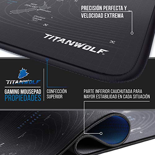 TITANWOLF - XXL Alfombrilla para ratón 900 x 400 mm - Speed Gaming Mousepad - Mouse Pad para Ordenador - Base para Mesa Grandes Dimensiones - Diseño: planisferio y Lobo