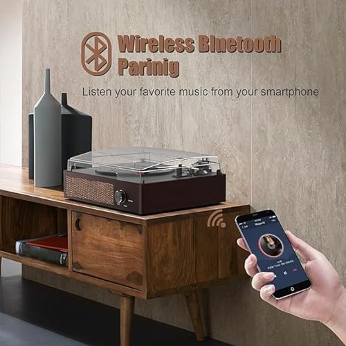 Tocadiscos Vinilo,Reproductor de Vinilo Tocadiscos Vintage Bluetooth con Altavoces Incorporadas,3 Velocidades 33/45/78 RPM, Giradiscos de Vinilo, Salida RCA/Aux in-Marrón