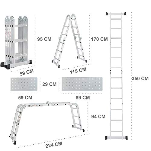 Todeco Escalera de Aluminio Multifuncional 3.5m, Escalera Plegable con 2 Plataforma de Hierro, 4x3 Escaleras Escamoteables Carga Máxima 150kg, 12 Peldaños Escalera Telescópica