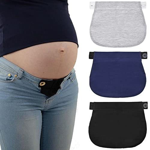 Tolenre 3 Piezas Extensor para Mujeres Embarazadas con Botón Elástico - Pantalones vaqueros con Cinturón Ajustable - Azul oscuro + Negro + Gris