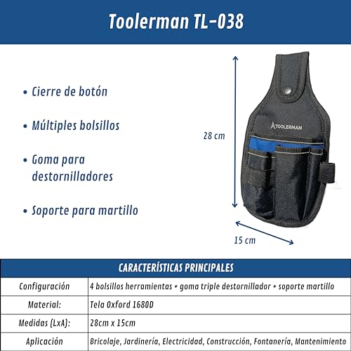 Toolerman - Cinturón de herramientas ajustable. Bolso portaherramientas para electricista, carpintero, jardinero, albañil. Funda destornilladores con cinturón.