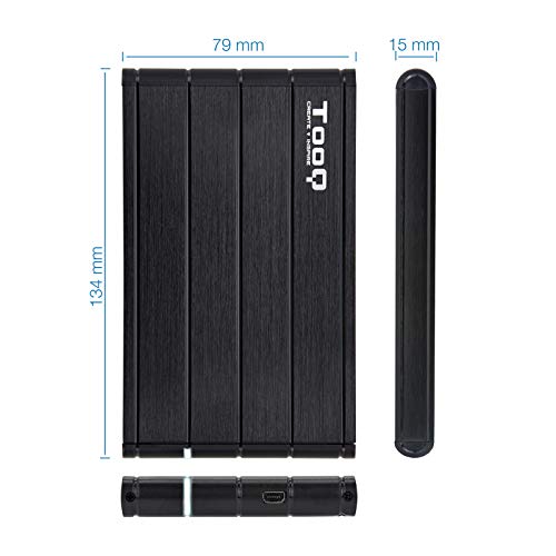 TooQ TQE-2530B - Carcasa para discos duros HDD de 2.5", (SATA I/II/III de hasta 9.5 mm de alto, USB 3.0), aluminio, indicador LED, color negro, 50 grs.