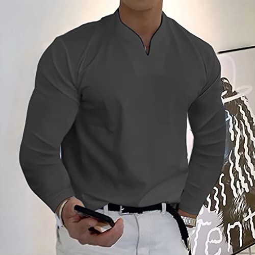 Top Blusa Hombres Primavera e Invierno Casual Cuello en V Sólido Manga Larga Camiseta 220g, Tallas S-5XL (Dark Gray, XXL)