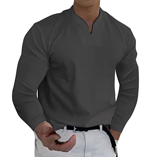 Top Blusa Hombres Primavera e Invierno Casual Cuello en V Sólido Manga Larga Camiseta 220g, Tallas S-5XL (Dark Gray, XXL)