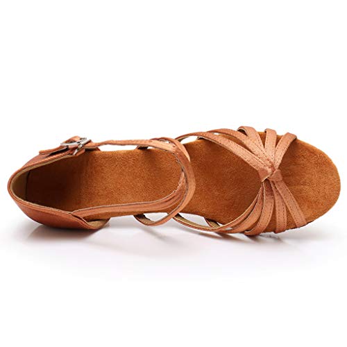 Topgrowth - Zapatos de baile latino de raso para niñas y mujeres con zapatos de baile con tacón bajo y correa cruzada para bailar latino sals, marrón, 34