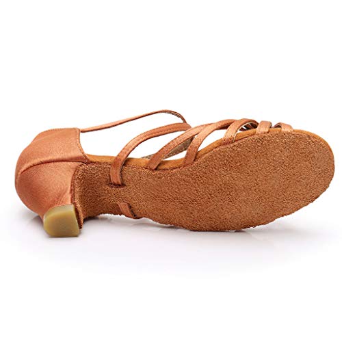 Topgrowth - Zapatos de baile latino de raso para niñas y mujeres con zapatos de baile con tacón bajo y correa cruzada para bailar latino sals, marrón, 34