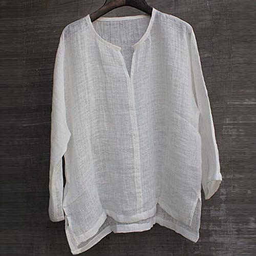 Tops para hombres de algodón y lino Breve transpirable cómodo color sólido manga larga suelta casual camiseta blusa, blanco, XL