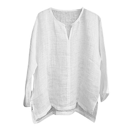 Tops para hombres de algodón y lino Breve transpirable cómodo color sólido manga larga suelta casual camiseta blusa, blanco, XL