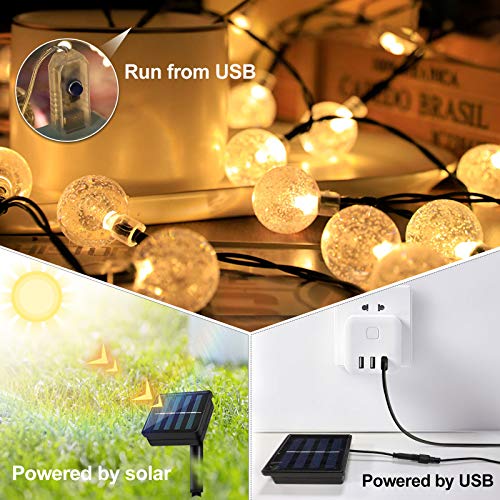 TOPYIYI Guirnaldas Luces Exterior Solar, 50LED 8M Led Jardin con USB Recargable, 8 Modos & Impermeable Cadena de Luces Decoración para Terraza Patio Balcones Fiesta Boda