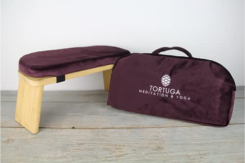 TORTUGA MEDITATION & YOGA - Banco de Meditación Plegable 100% de Bambú Orgánico - Color GRANATE - Pack completo: Bolsa para transportar, cómodo cojín - Mejora la postura (Granate)