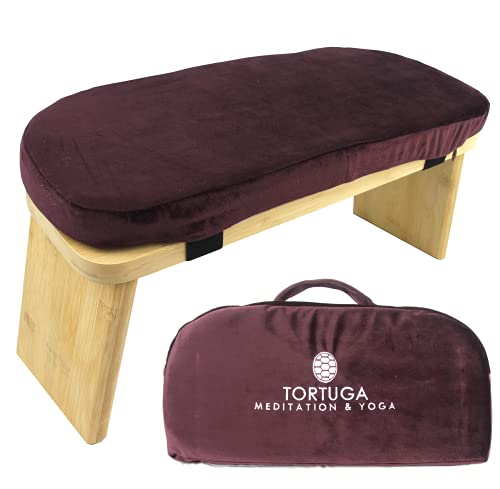 TORTUGA MEDITATION & YOGA - Banco de Meditación Plegable 100% de Bambú Orgánico - Color GRANATE - Pack completo: Bolsa para transportar, cómodo cojín - Mejora la postura (Granate)