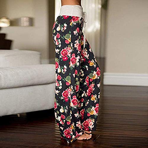 TOYIS Pantalones de yoga informales para mujer, con cordón floral, estilo palazzo, casual, suelto, pierna ancha, pantalones
