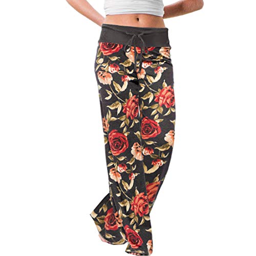 TOYIS Pantalones de yoga informales para mujer, con cordón floral, estilo palazzo, casual, suelto, pierna ancha, pantalones