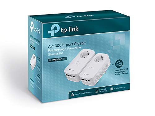 TP-Link TL - PA8030P Kit 2 Adaptadores de Comunicación por Línea Eléctrica (AV1300, PLC, Extensor, Repetidores de Red, Cobertura Internet, 6 Puertos, Enchufe, Smart TV, PS4, Sobremesas)