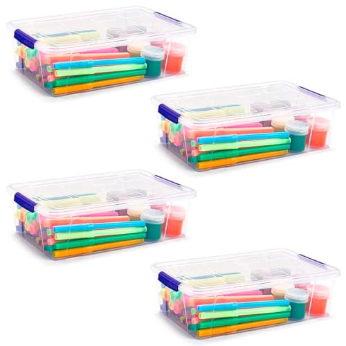 Tradineur - Pack de 4 cajas de almacenaje de plástico transparente, 2 litros, minicajas de ordenación apilables con tapa 7,5 x 25,5 x 16,8 cm, cierre a presión, fabricadas en España