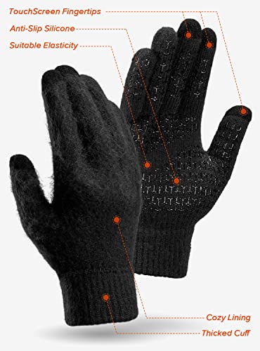 TRENDOUX Guantes de invierno unisex, para pantalla táctil, agarre antideslizante, forro cálido, puños elásticos, material de punto, guantes de nieve para bicicleta, correr, color negro, L
