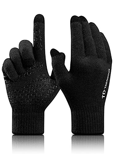 TRENDOUX Guantes de invierno unisex, para pantalla táctil, agarre antideslizante, forro cálido, puños elásticos, material de punto, guantes de nieve para bicicleta, correr, color negro, L