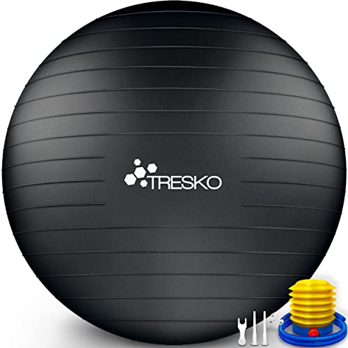 TRESKO® Pelota de Gimnasia Anti-Reventones | Bola de Yoga Pilates y Ejercicio | Balón para Sentarse | Balon de Ejercicio para Fitness | 300 kg | con Bomba de Aire | Negro | 75cm