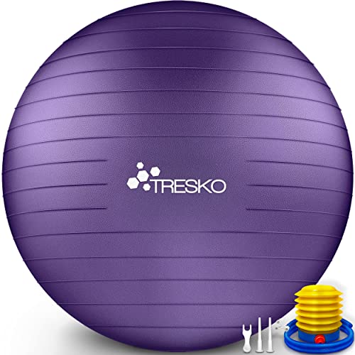 TRESKO® Pelota de Gimnasia Anti-Reventones | Bola de Yoga Pilates y Ejercicio | Balón para Sentarse | Balon de Ejercicio para Fitness | 300 kg | con Bomba de Aire | Púrpura | 85cm