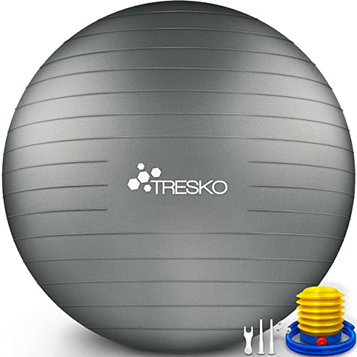 TRESKO® Pelota de Gimnasia Anti-Reventones | Bola de Yoga Pilates y Ejercicio | Balón para Sentarse | Balon de Ejercicio para Fitness | 300 kg | con Bomba de Aire | Gris | 75cm