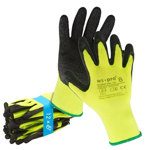 Trevendo 12 pares de guantes de trabajo - guantes de montaje amarillo neón con revestimiento de látex (talla 9)