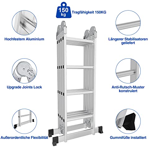 Tubiaz Escalera multiusos 7 en 1, 4 x 5, 582 cm, aluminio, plegable, con plataforma y ruedas, 20 peldaños, escalera de pie doméstica, carga máxima 150 kg