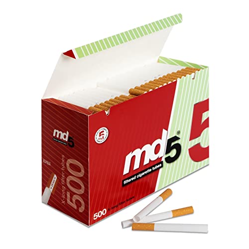 Tubos con filtro largo para rellenar MD5 | Pack de 10 cajas de 500 tubos de filtro largo. 5000 tubos extra largo para entubar cigarrillos. Cigarros vacíos x-long para rellenar con tabaco.