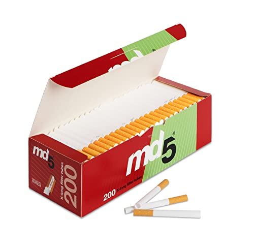 Tubos con filtro para rellenar MD5 | Pack de 5 cajas de 200 tubos de filtro largo – 1000 tubos extra largo para entubar cigarrillos – cigarros vacíos x-long para rellenar con tabaco.