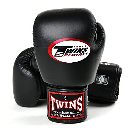 Twins Boxing Gloves BGVL3 - Guantes de entrenamiento para Muay Thai de 10 onzas, 12 onzas, 14 onzas, 16 onzas, guantes de entrenamiento con velcro KickBoxing para adultos (16 onzas, negro)