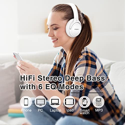 Uliptz - Auriculares Bluetooth 5.3 con Micro, 65 h de autonomía, 6 Modos de Sonido EQ, estéreo, Alta fidelidad, inalámbricos, circumaurales, Plegables, Ligeros, Viajes, Oficina, móvil, PC, Blancos