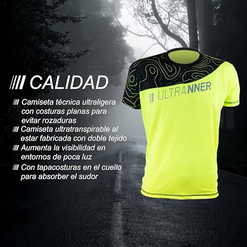 ULTRANNER ARVES - Camiseta técnica de Manga Corta - Camiseta Transpirable y Ultraligera - Trail Running, Trekking Y Más - Color Amarillo Fluorescente - Talla XL