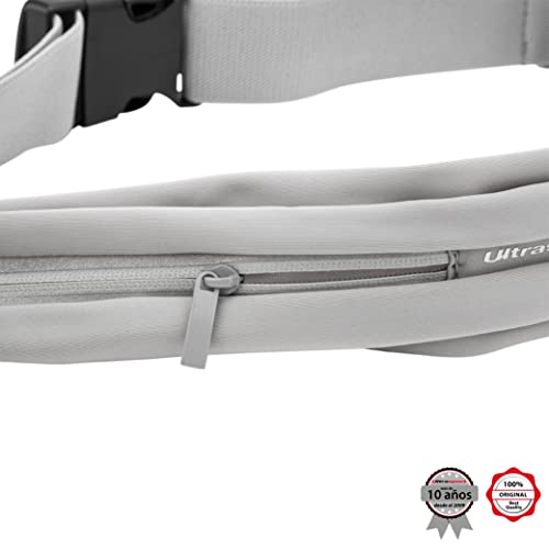 Ultrasport Bolsa de Cinturón Deportivo con 2 compartimentos con cremallera, bolsas de material impermeable, longitud ajustable aprox. 77 a 100 cm, Gris