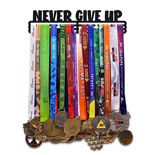 United Medals Never Give UP Colgador de medallas Negro | Medallero Acero | Medal Holder dispaly Hanger | Medalla Percha - 48 medallas