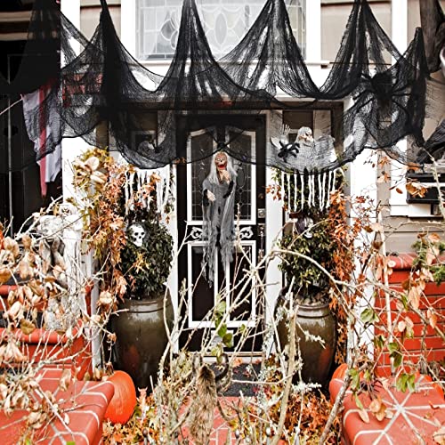 UNOLIGA Tela Negra Halloween, 2,15 x 5 m Gasa Negra Decoración de Halloween Terror, Tela de Negra de Halloween de Espeluznante para Puerta Exterior Casa Embrujada