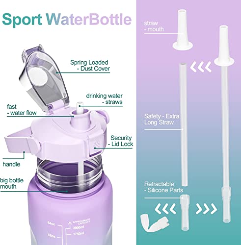 Uootach Botella de Agua Deportiva 2 L, Marcador de tiempo inspirador, botella de agua con pajita, libre de BPA, Adecuado para deportes, pérdida de peso, fitness, al aire libre, senderismo(Violeta)