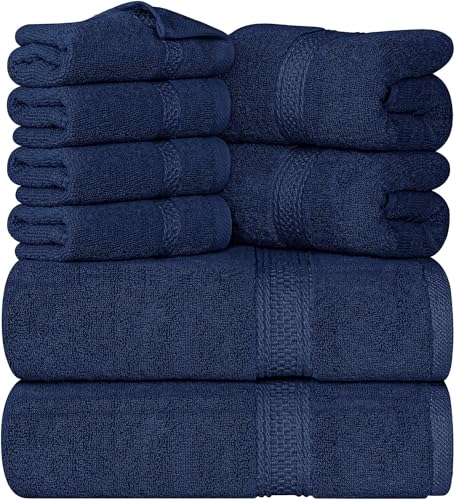Utopia Towels Juego de Toallas de 8 Piezas: 2 Toallas de baño, 2 Toallas de Mano y 4 paños de algodón de Calidad de Hotel, súper Suave y Altamente Absorbente (Azul Marino)