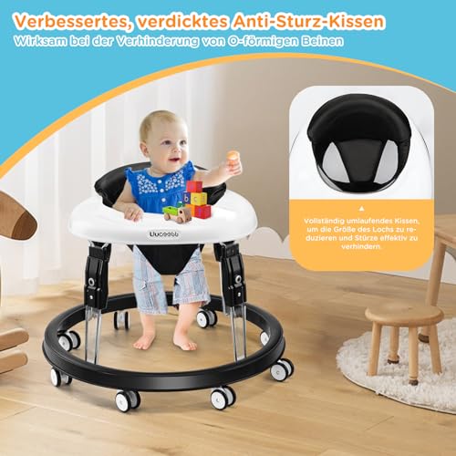 Uuoeebb Andador plegable para bebé, con diseño de frenos y bandeja, andador antideslizante con 5 posiciones de altura ajustable, para bebés a partir de 6 meses (negro)