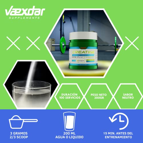 Vaexdar Creatina Creapure micronizada y monohidratada en polvo que mejora el rendimiento y la fuerza | Sabor Neutro, 300gr