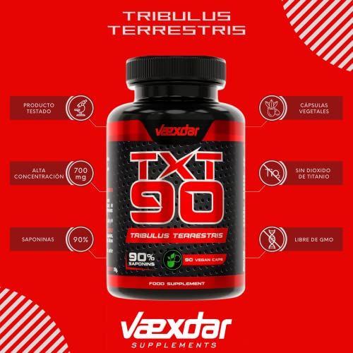Vaexdar TXT90 Tribulus Terrestris | 2100 mg de Tribulus Terrestris con 90% Saponinas | Precursor de Testosterona | Aumenta la Masa Muscular | Mejora la Libido | 90 Cápsulas Vegetales