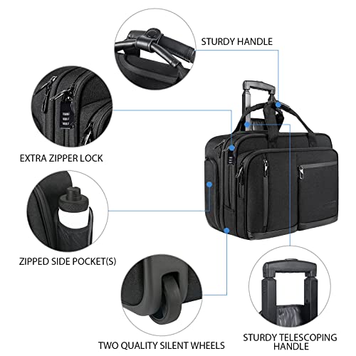 VANKEAN Bolsa de ordenador portátil con ruedas de 17.3 pulgadas para hombres, elegante maletín para portátil a prueba de agua con bolsillos RFID, escuela, color negro