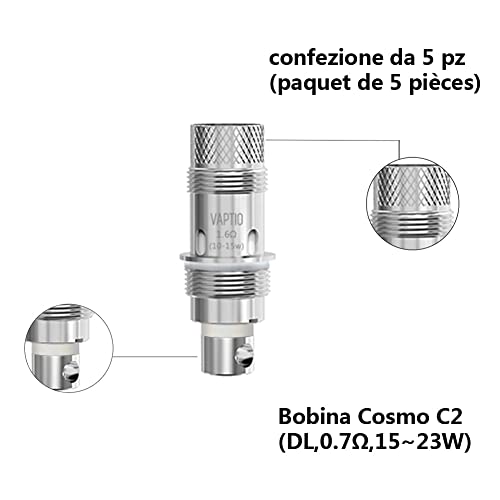 VAPTIO Original Cosmo Coil Bobina de repuesto C2 de 0,7 ohmios, 5 piezas por paquete, Sin E-líquido Sin Nicotina (Cosmo 0.7ohm C2)