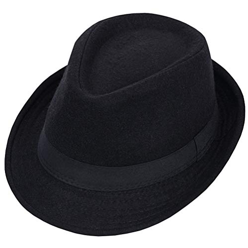 VASANA Sombrero de Fedora de mezcla de lana negra clásica de moda sombrero de ala ancha de iglesia plana Derby Cap Jazz caballeros sombrero plano Panamá sombrero para hombres mujeres, Negro, L