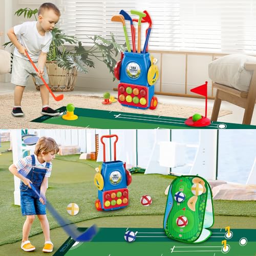 VATOS Juego de juguetes de golf para niños, maletín de golf para niños, juego de juego, juguete deportivo, regalo con 4 palos de golf de colores, 6 pelotas, 2 agujeros de práctica, juguetes para