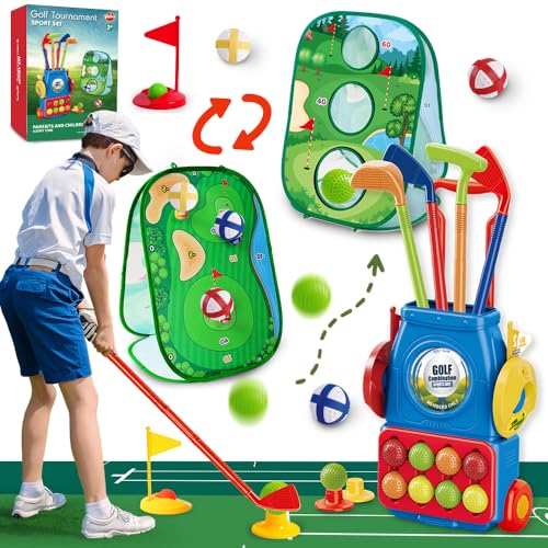 VATOS Juego de juguetes de golf para niños, maletín de golf para niños, juego de juego, juguete deportivo, regalo con 4 palos de golf de colores, 6 pelotas, 2 agujeros de práctica, juguetes para