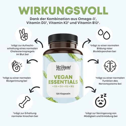Vegan Essentials (120 cápsulas en dosis alta), suministro básico vegano de vitaminas B12, D3 + K2 y Omega 3 para veganos y vegetarianos - Suplementos veganos - Vitaminas vegetarianas - Multivitaminas