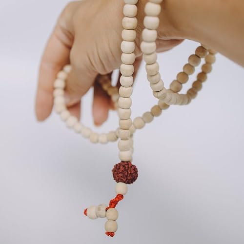 VELARDE Collar Mala De Madera y Rudraksha Hecho En La India - 108 cuentas - Meditación - Yoga - Repetición De Mantras - Protección Y Armonía - Comercio Justo