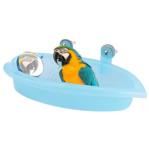 【Venta del día de la madre】Pangding Bird Bathing Box, Linda bañera con Jaula de Espejo, Accesorio de Juguete Azul para Loros Mascotas