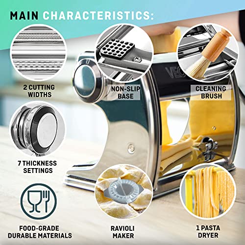 VeoHome Máquina manual de pasta con secador, acero inoxidable, herramienta versátil con grosor ajustable, laminador y manivela - fideos frescos caseros, espagueti, lasaña
